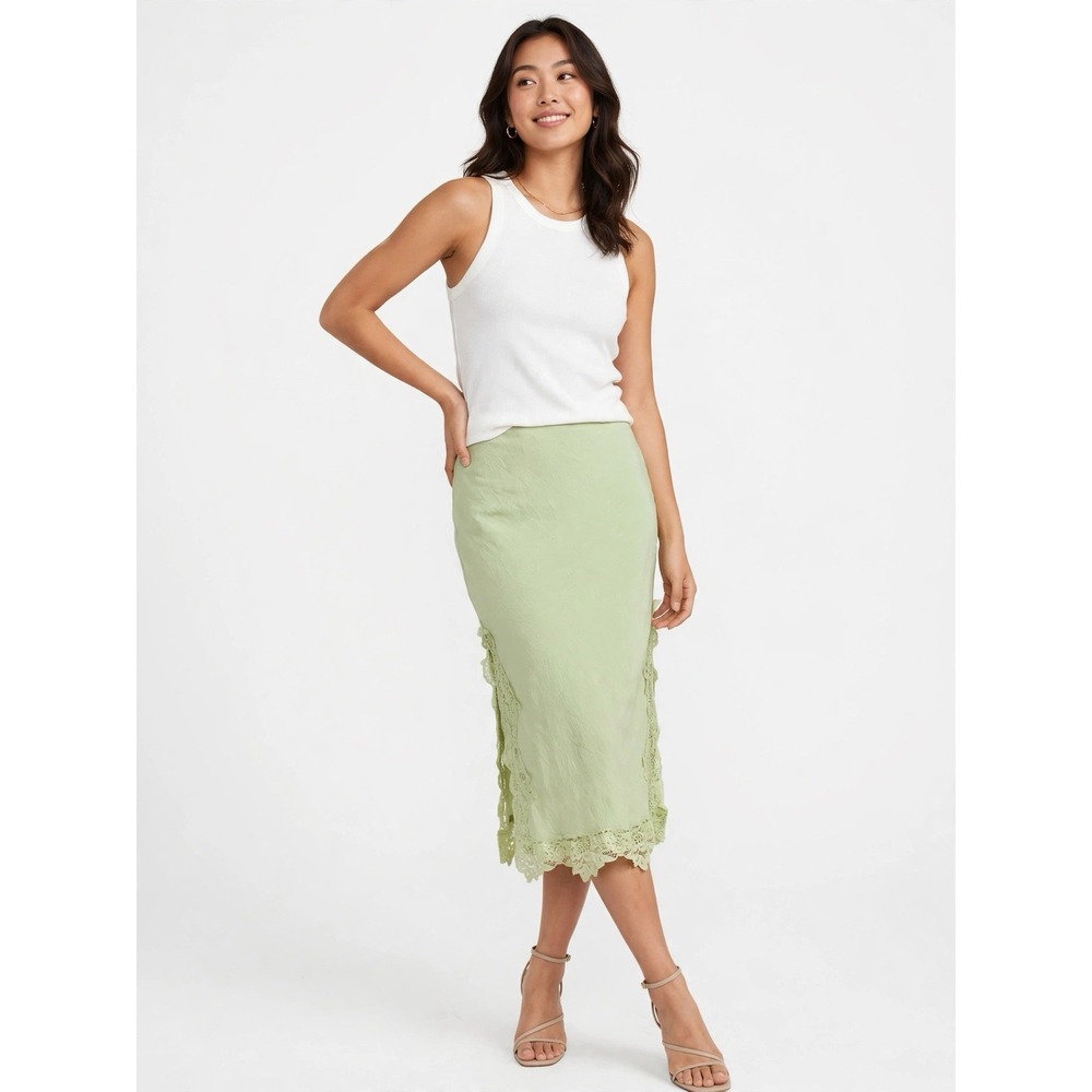 Loucia Sage Green Lace Trim Midi Skirt S Romantic Boho Y2K Cottagecore